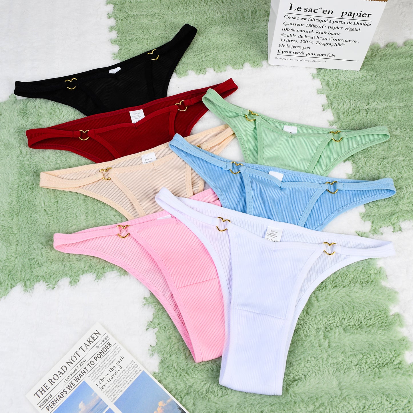 Sexy Underwear Women's 7 Pack Panty Set with Golden Heart Rings