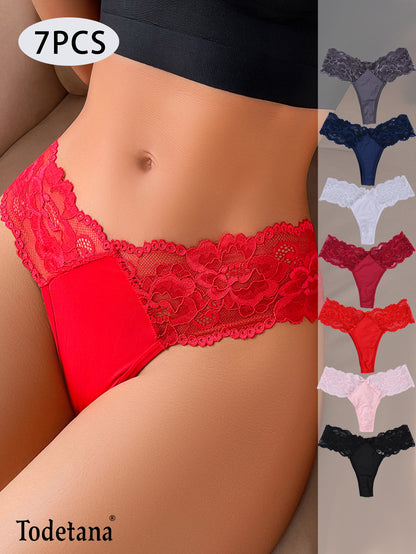 7pcs Women's Low-Waist Thongs in Assorted Colors - Sexy Floral Lace Panties, Soft & Breathable Nylon Blend - Stretchy Comfort Fit Underwear for All-Day Wear